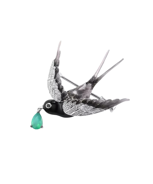 Sterling  Silver brooch with agate, enamel and zircons "Bird"