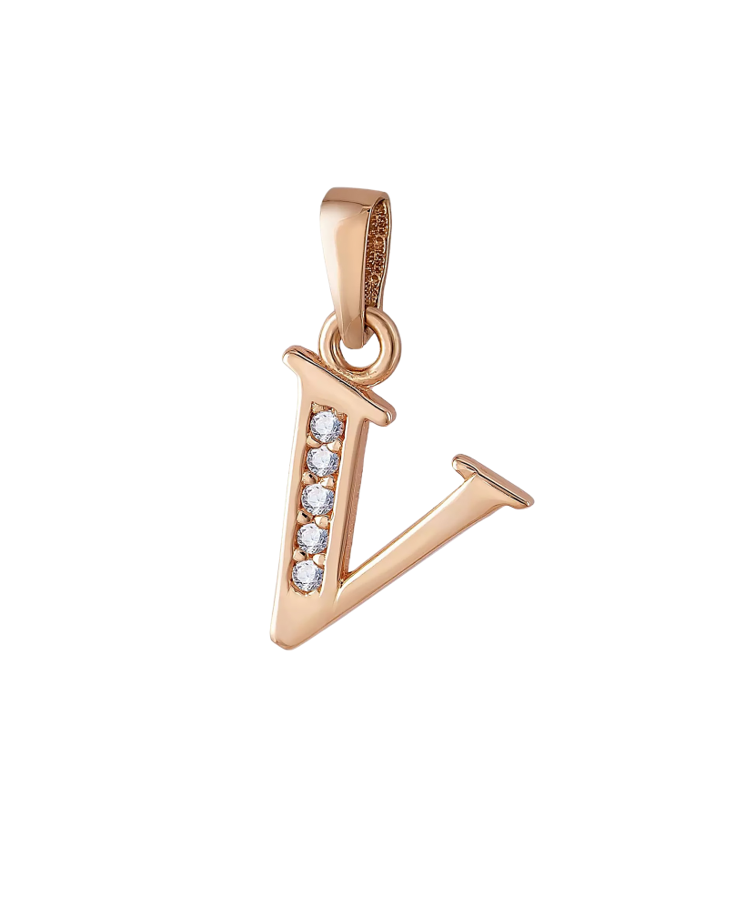 Gold pendant with zircons Letter V