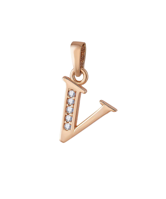 Gold pendant with zircons Letter V
