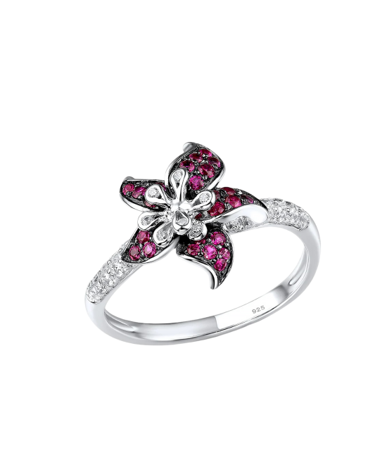 Silver ring with zircons and nano ruby "Flower"