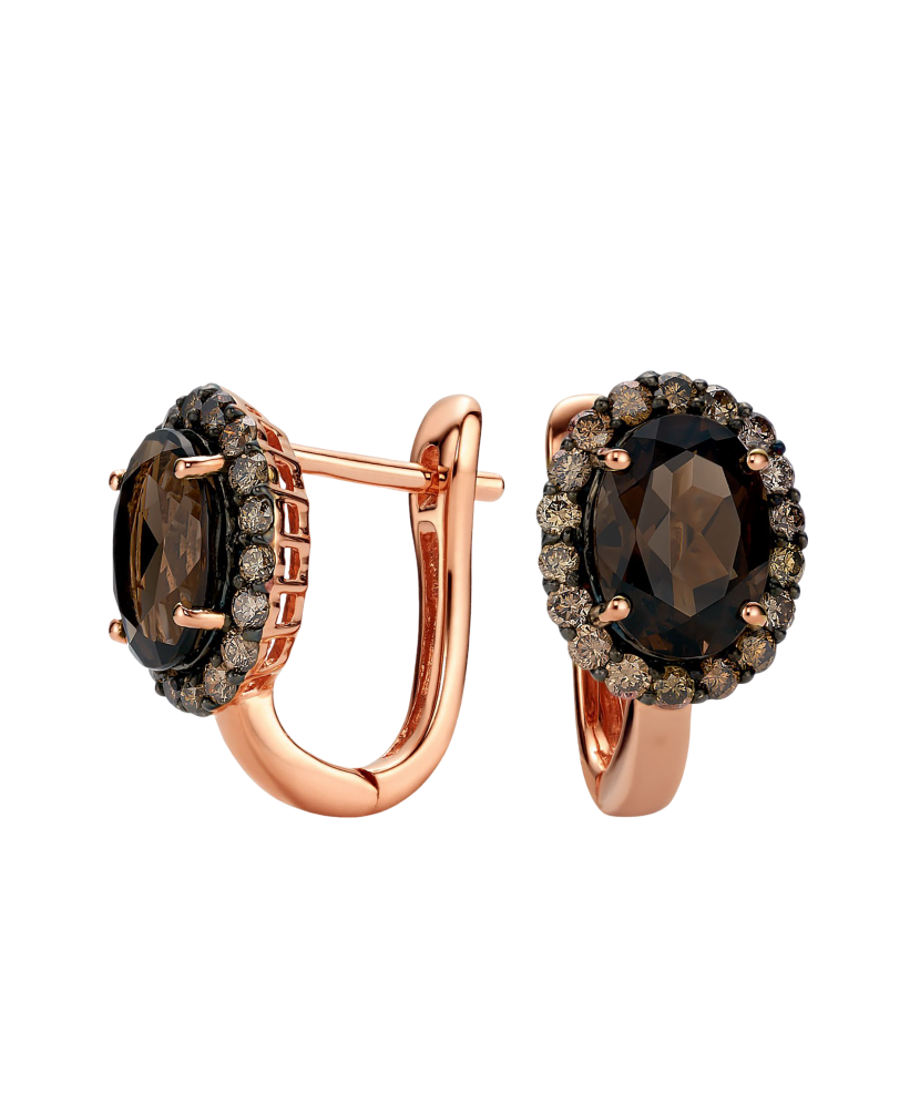 Gold earrings with diamonds and smoky quartz