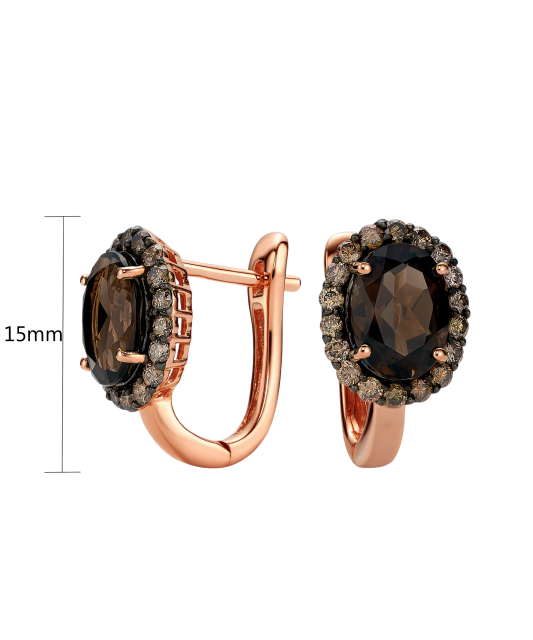 Gold earrings with diamonds and smoky quartz