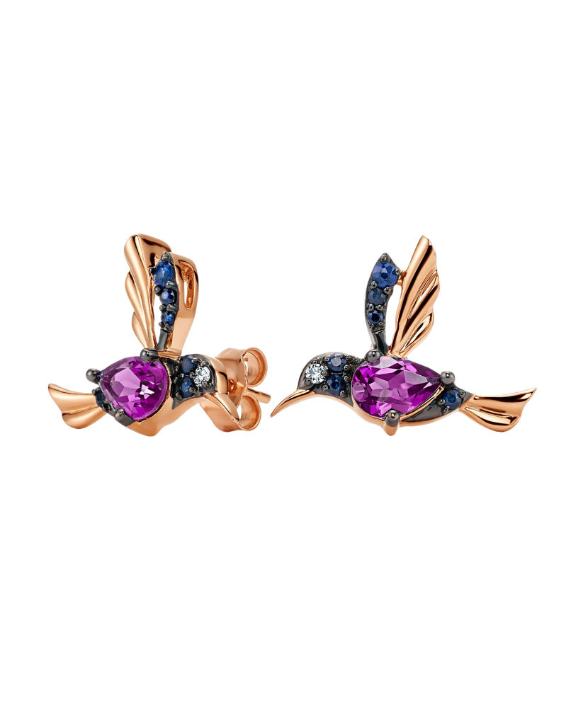 Gold earrings with brilliants, rhodolites and sapphires