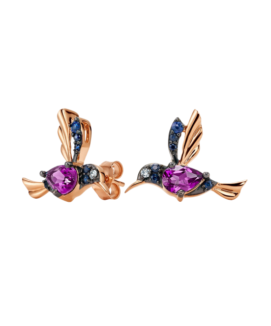 Gold earrings with brilliants, rhodolites and sapphires