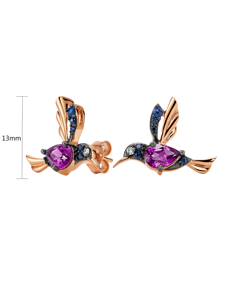Gold earrings with brilliants, rhodolites and sapphires