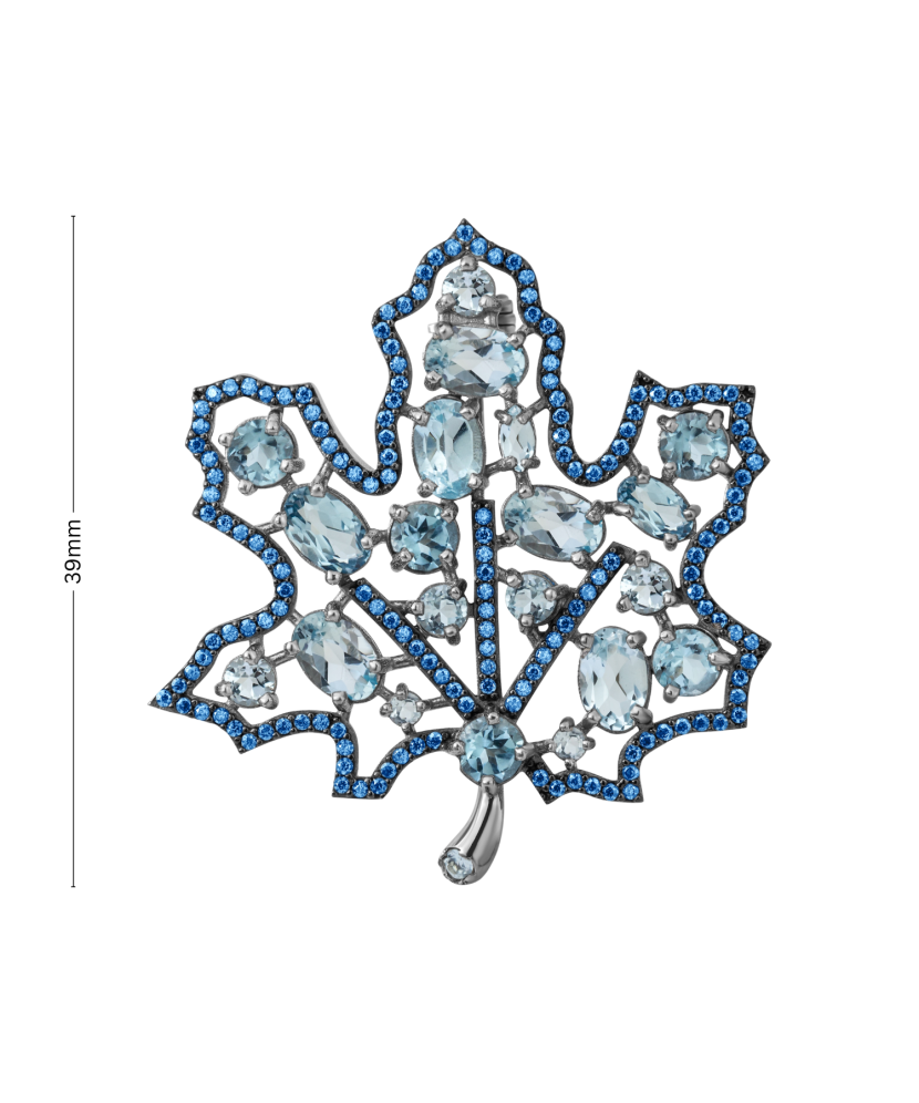 Sterling silver  brooch with zircons and alpanites "maple tree leaf"
