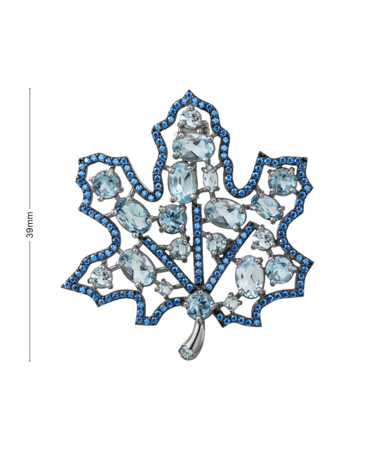 Sterling silver  brooch with zircons and alpanites "maple tree leaf"
