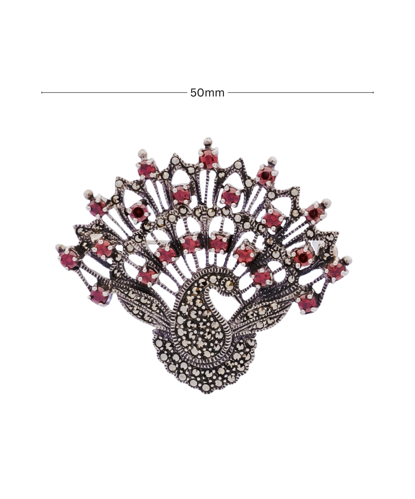 Sterling silver  brooch with marcasite and zircons "Peacock"