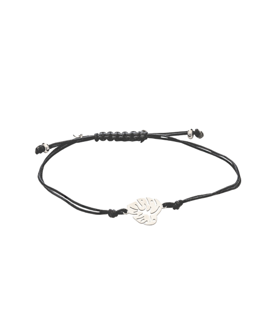 Black string bracelet with a silver pendant "leaf"