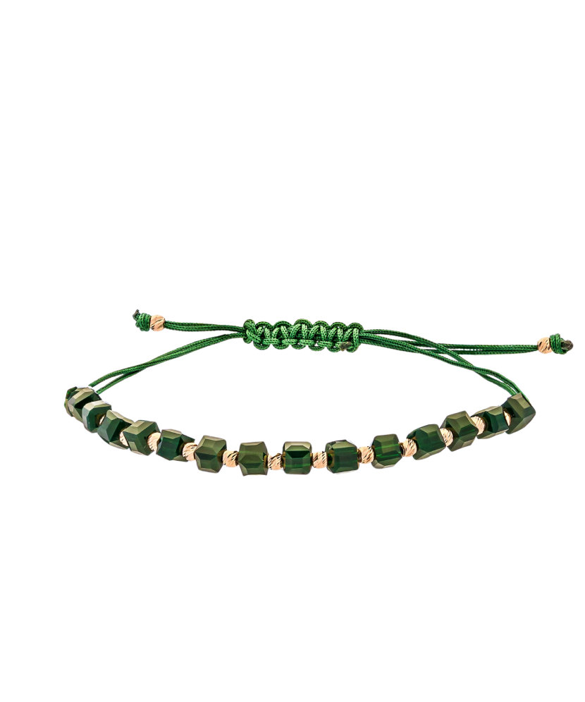 Green string bracelet with gold and onyxes