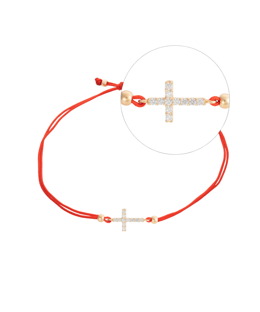 Red string bracelet with gold pendant "cross"