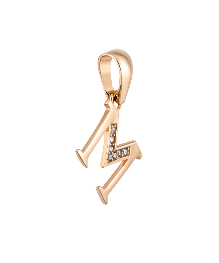 Gold pendant with zircons Letter M