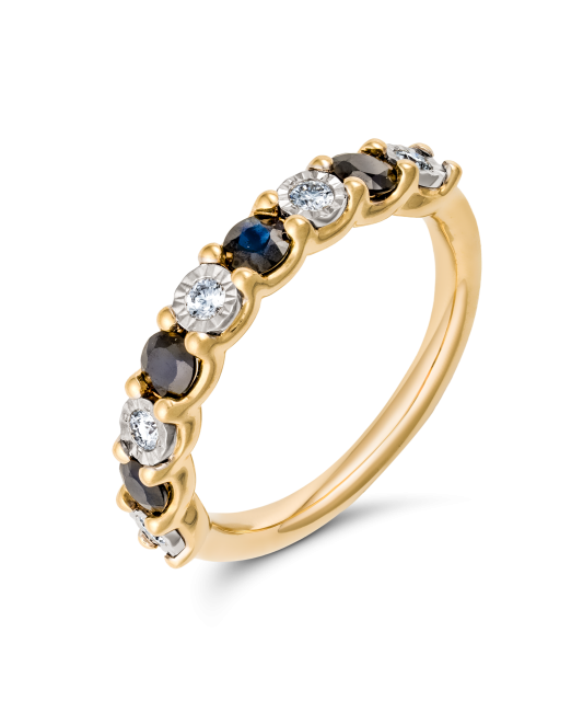Yellow gold ring with diamonds and sapphires