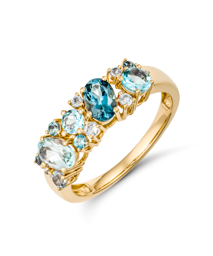 Yellow gold ring with diamonds and topazes