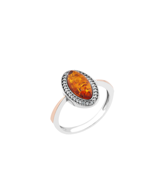 Sterling Silver ring covered with gold with zircons and amber