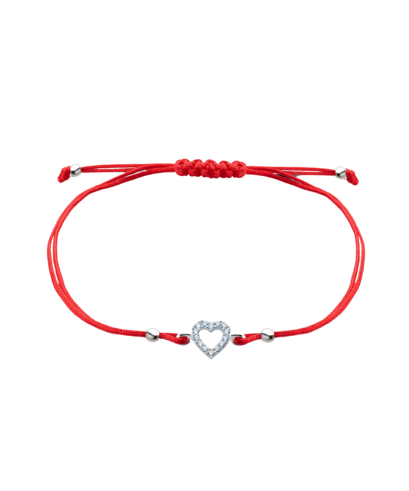 Punainen lanka rannekoru hopeisella riipuksella ja zirkoneilla "sydän"