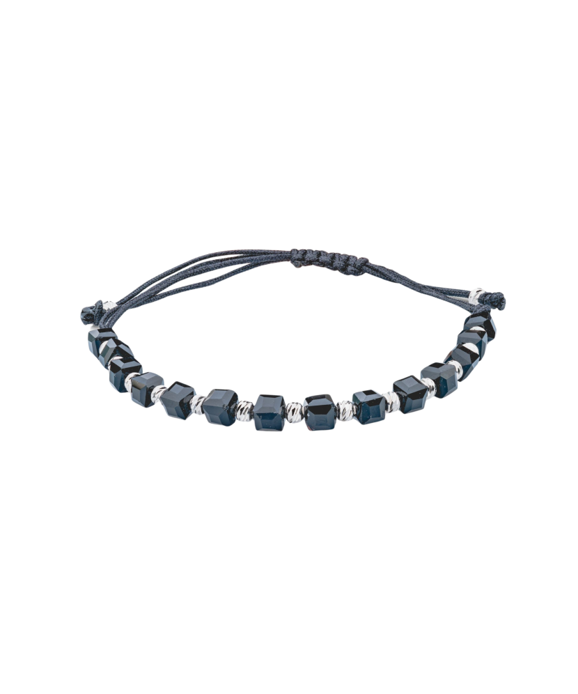 Black string bracelet with silver and onyxes