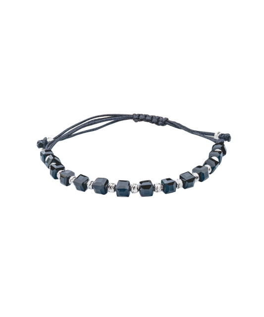 Black string bracelet with silver and onyxes