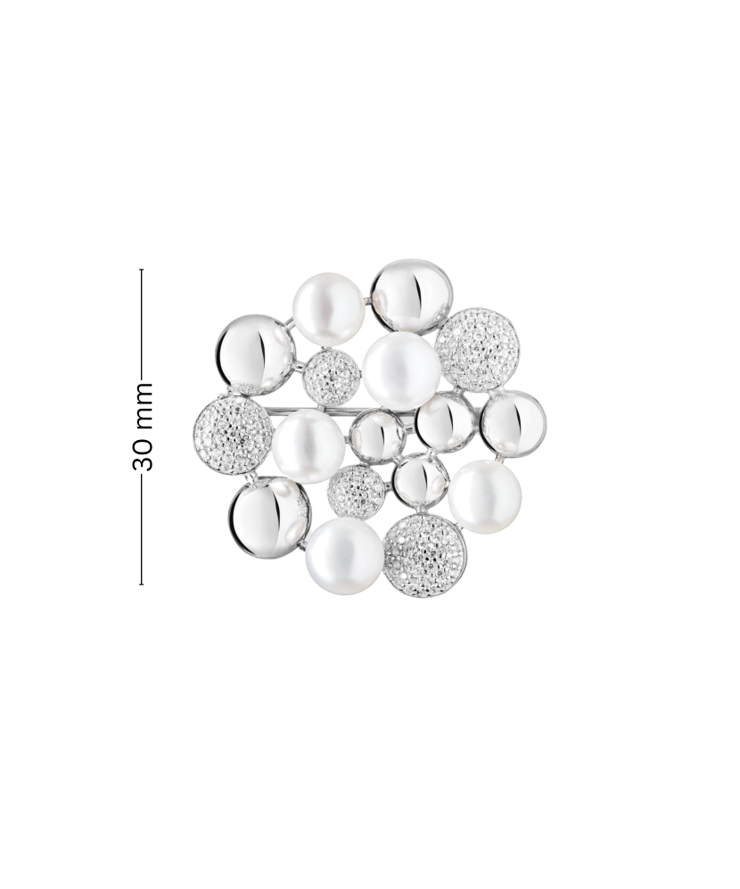 Hopeinen rintaneula helmillä ja zirkoneilla