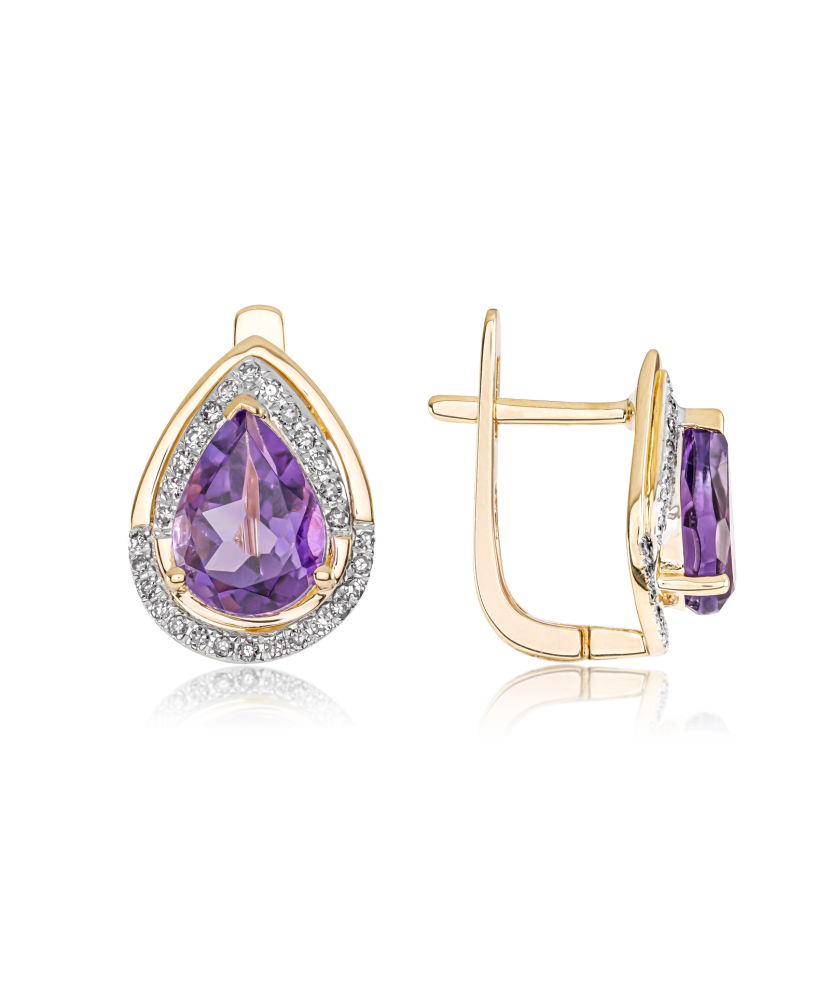 Yellow gold earrings with diamonds and amethysts