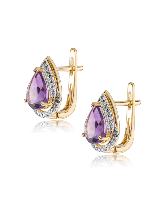 Yellow gold earrings with diamonds and amethysts
