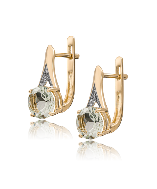 Yellow gold earrings with diamonds and green amethyst