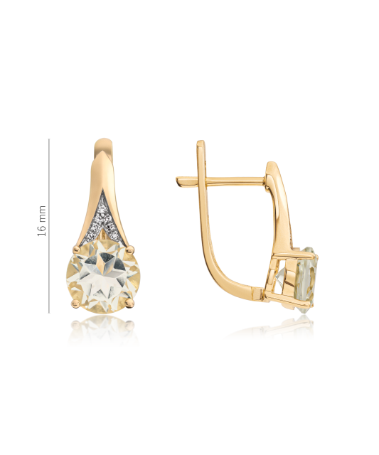 Yellow gold earrings with diamonds and green amethyst