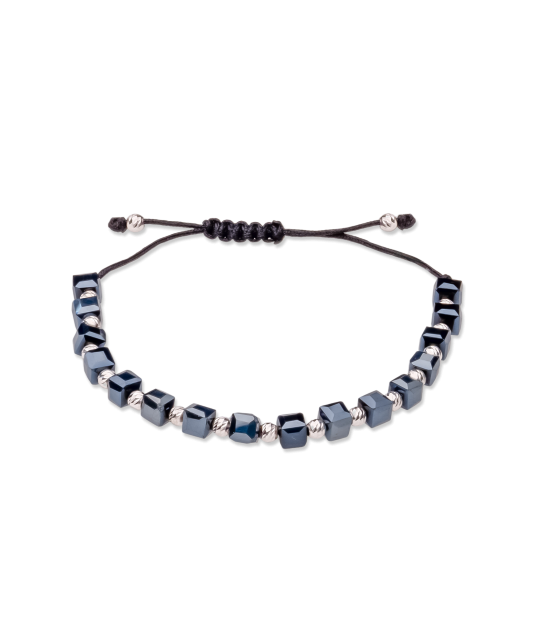 Black string bracelet with silver And Hematites