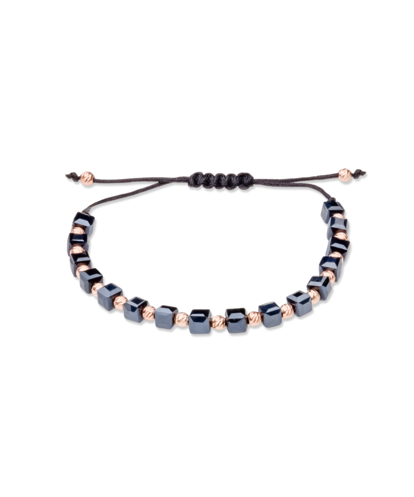 Black string bracelet with silver And Hematites