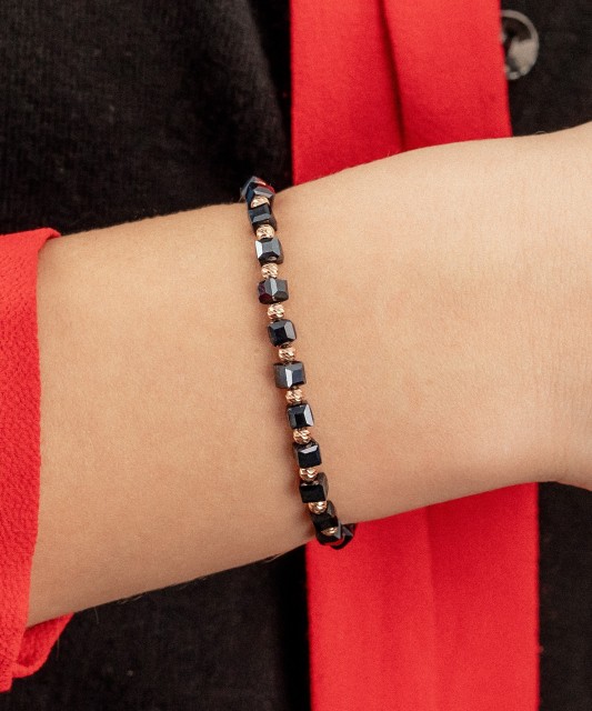 Black string bracelet with silver And Hematites