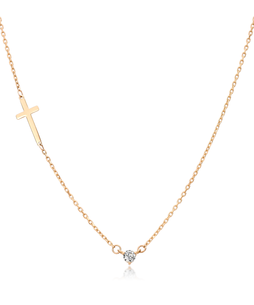 Gold necklace with a zircon pendant and a cross