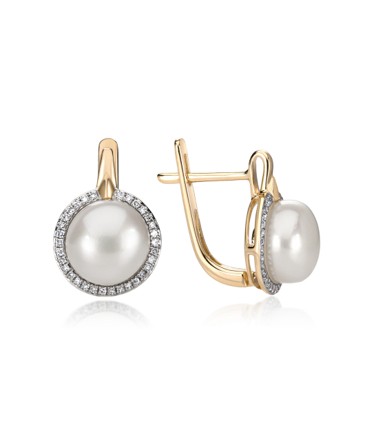 Yellow gold earrings with diamonds and pearls