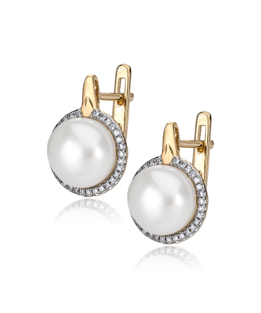 Yellow gold earrings with diamonds and pearls
