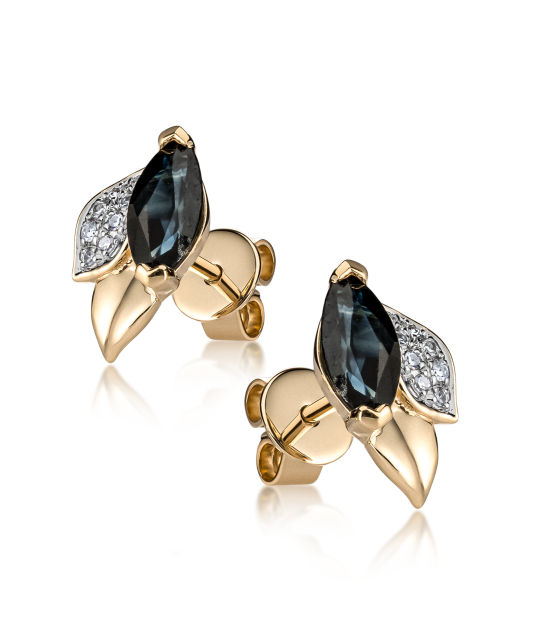 Keltakultaiset korvakorut safiireilla ja timanteilla