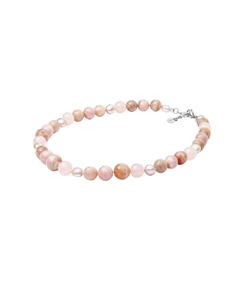 Necklace with sunstones, rose quartz and opal