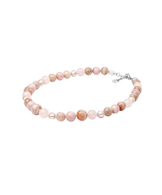 Necklace with sunstones, rose quartz and opal