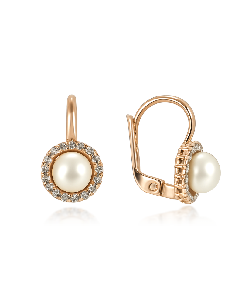 Gold earrings with pearls and zircons