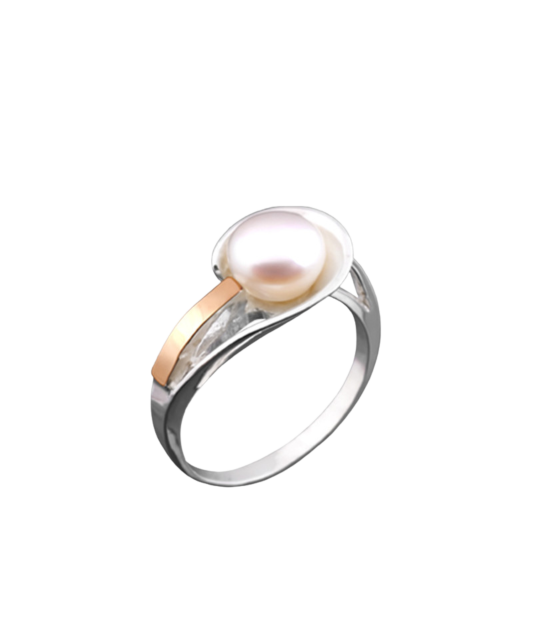 Silver ring plated with gold with pearl and zircons