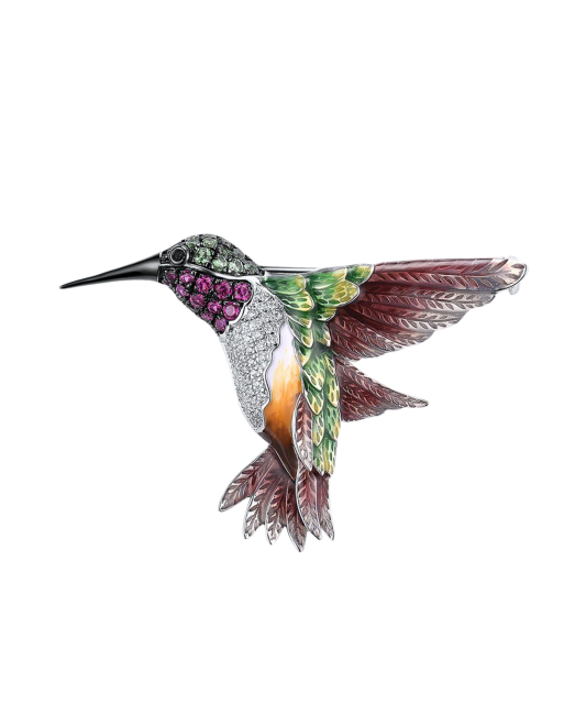 Kullattu hopeinen rintaneula nanorubiineilla, emalilla ja zirkoneilla