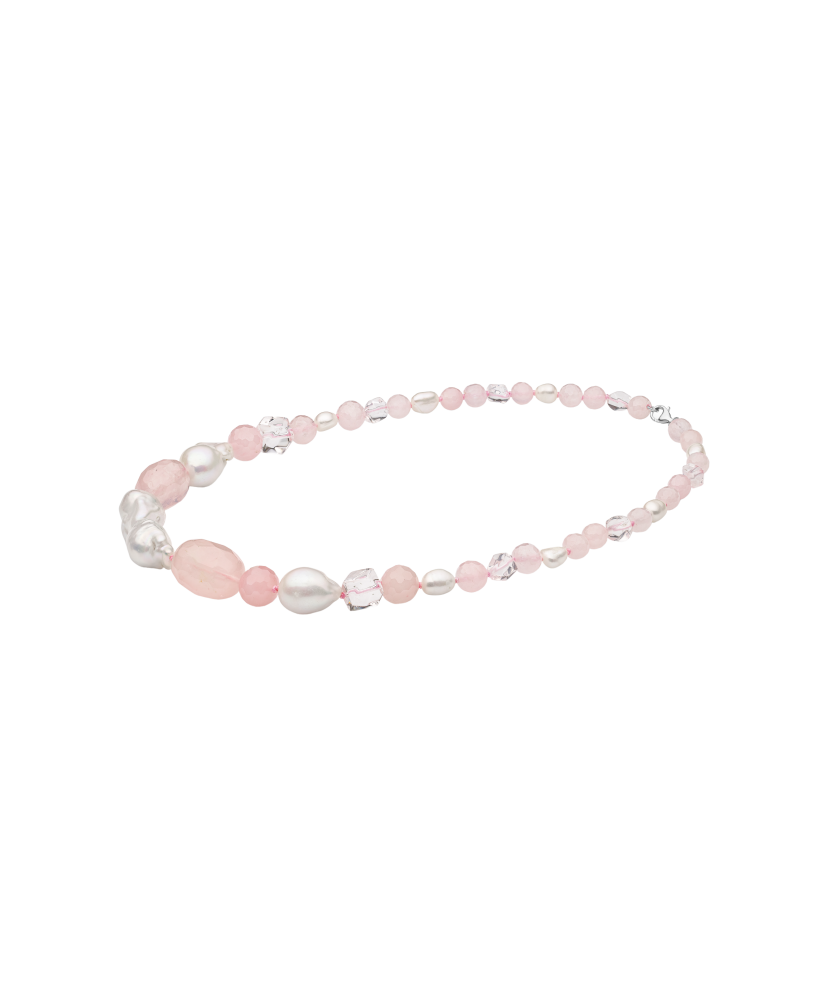 Necklace with rose quartz, pearls, crystal and silver