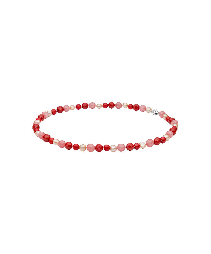 Necklace with coral, pearls, jade and silver