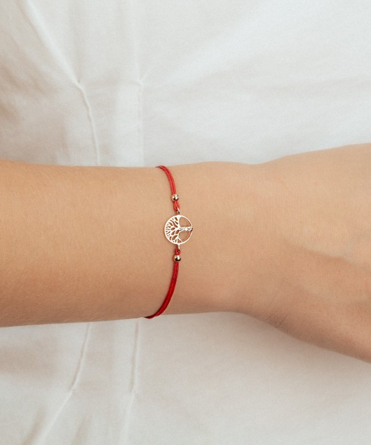 Red string bracelet with gold pendant "Tree of life"