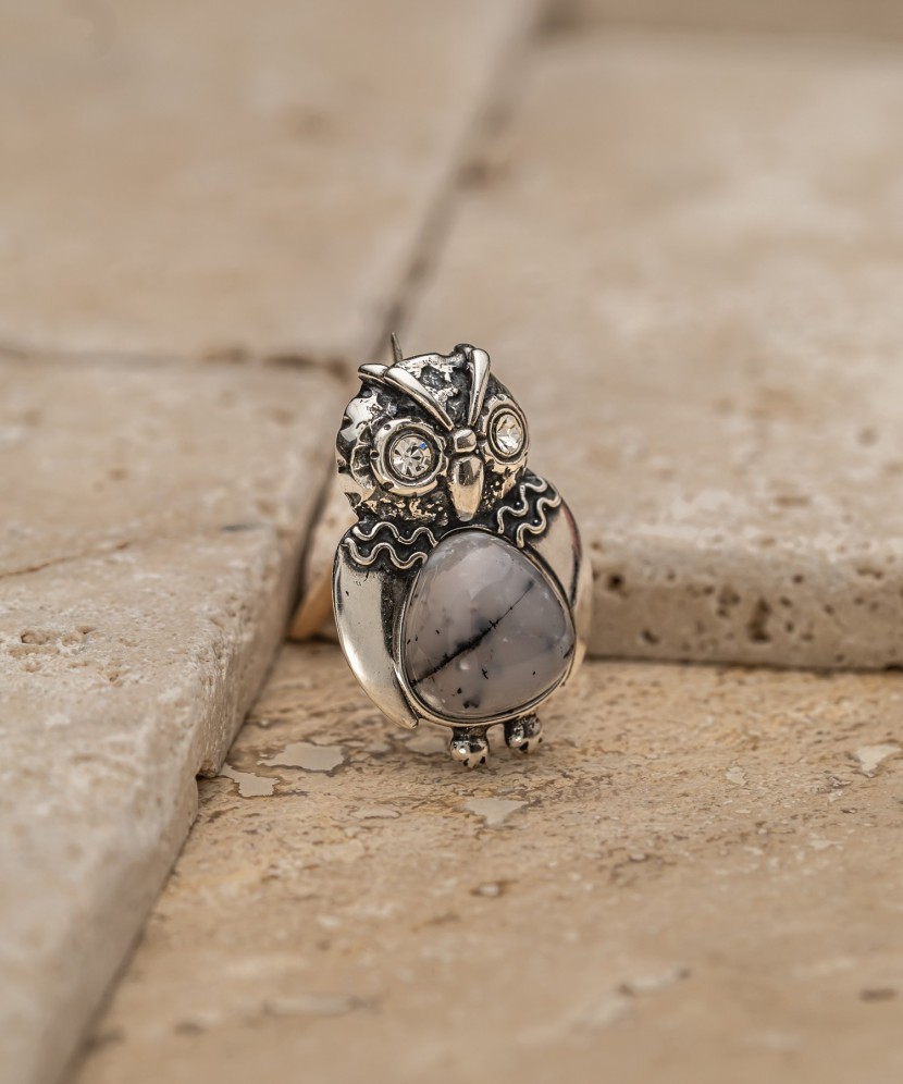 Sterling Silver brooch with agate and zircons "Owl"