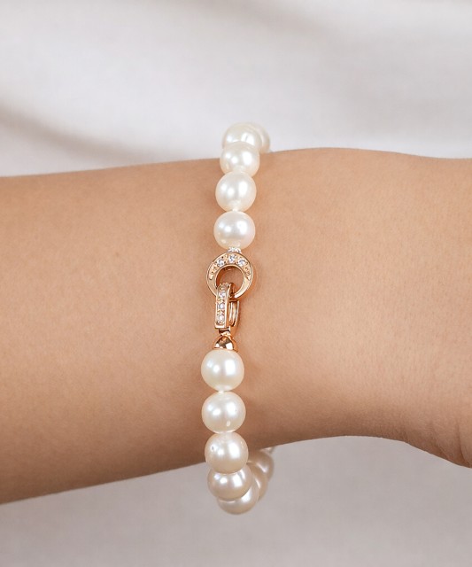 Pearl bracelet with cubic zirconia and gold-plated silver