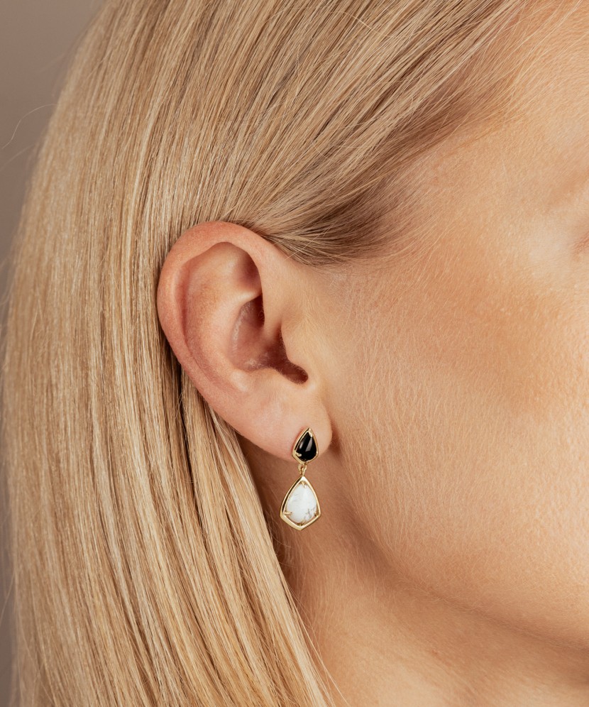 Gilded sterling silver earrings with zircons and agate