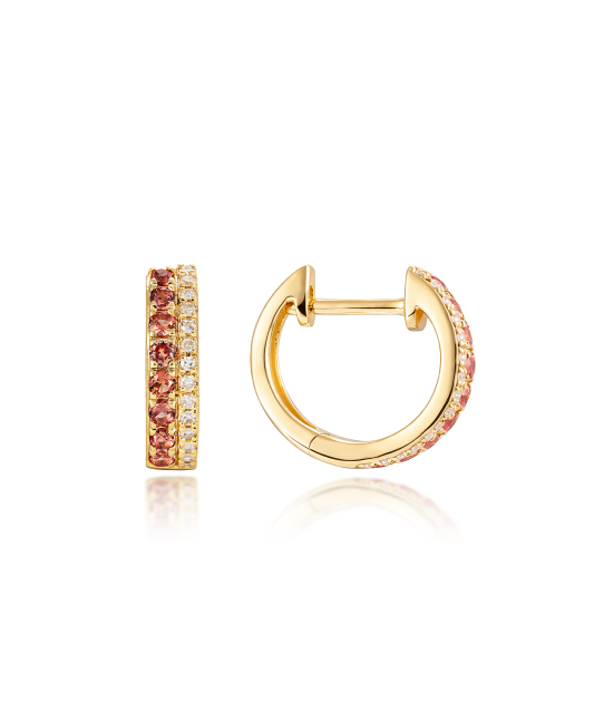 Keltakultaiset korvakorut oransseilla safiireilla ja timanteilla