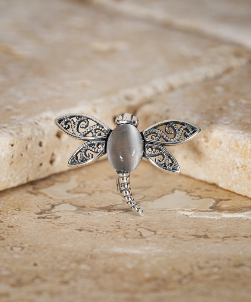 Sterling silver brooch with cat's eye stone "Dragonfly"