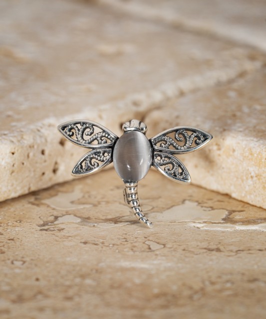 Sterling silver brooch with cat's eye stone "Dragonfly"