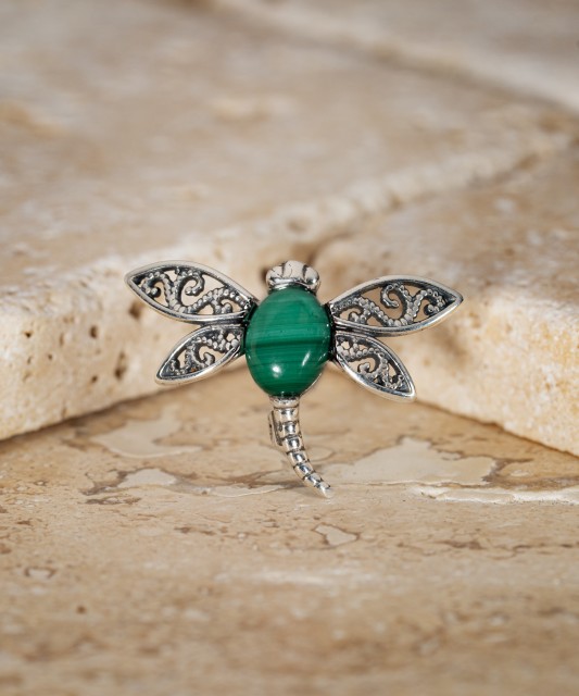 Sterling silver brooch with malachite "Dragonfly"