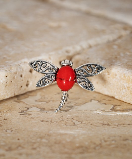 Sterling silver brooch with coral "Dragonfly"